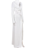 Momyknows White 2 Pieces Ruched Drawstring Knot Side Slit Backless V-neck Baby Shower Photoshoot Maternity Maxi Dress