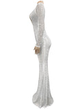 Momyknows White Rinestone Diamond Mesh Sheer Mermaid Elegant Evening Photoshoot Gown Baby Shower Maternity Maxi Dress