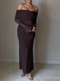 Momyknows Off Shoulder Sheer Long Sleeve Mermaid Elegant Evening Photoshoot Baby Shower Maternity Maxi Dress