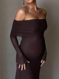 Momyknows Off Shoulder Sheer Long Sleeve Mermaid Elegant Evening Photoshoot Baby Shower Maternity Maxi Dress