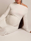 Momyknows White Off Shoulder Ruched Easy Fashion Bodycon Photoshoot Baby Shower Maternity Maxi Dress