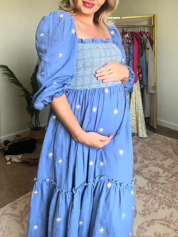Momyknows Elegant Light Blue Floral Flowy Big Swing Ruffle Falbala Lantern Sleeve Vacation Maternity Babyshower Maxi Dress