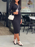 Momyknows Black Turndown Collar V-neck Solid Color Ribbed Knit Elegant Bodycon Daily Photoshoot Maternity Maxi Dress