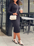 Momyknows Black Turndown Collar V-neck Solid Color Ribbed Knit Elegant Bodycon Daily Photoshoot Maternity Maxi Dress