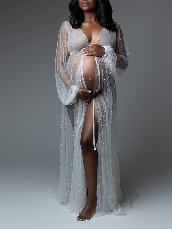 Momyknows White Mesh Pearl Sashes Robe Puff Sleeve Photoshoot Maternity Maxi Dress