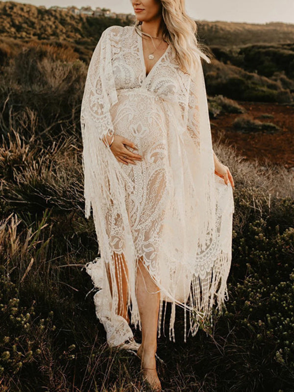 Momyknows Lace White Tassel Bohemian Sheer High Waist Flare Sleeve Photoshoot Maternity Maxi Dress