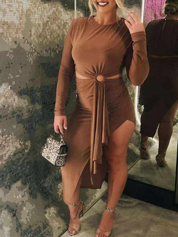 Momyknows Light Coffee Bodycon Side Slit Cutout Bare Waist Cascading Ruffle Party Maxi Dress