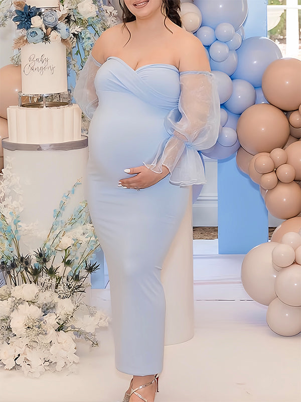 Momyknows Blue Off Shoulder Back Slit Tulle Puff Sleeve Bodycon Photoshoot Gown Gender Reveal Baby Shower Maternity Maxi Dress