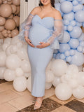 Momyknows Blue Off Shoulder Back Slit Tulle Puff Sleeve Bodycon Photoshoot Gown Gender Reveal Baby Shower Maternity Maxi Dress