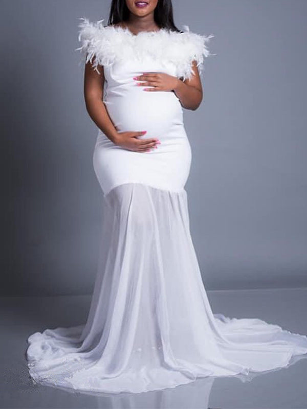Momyknows White Off Shoulder Feather Grenadine Mermaid Photoshoot Evening Gown Baby Shower Maternity Maxi Dress