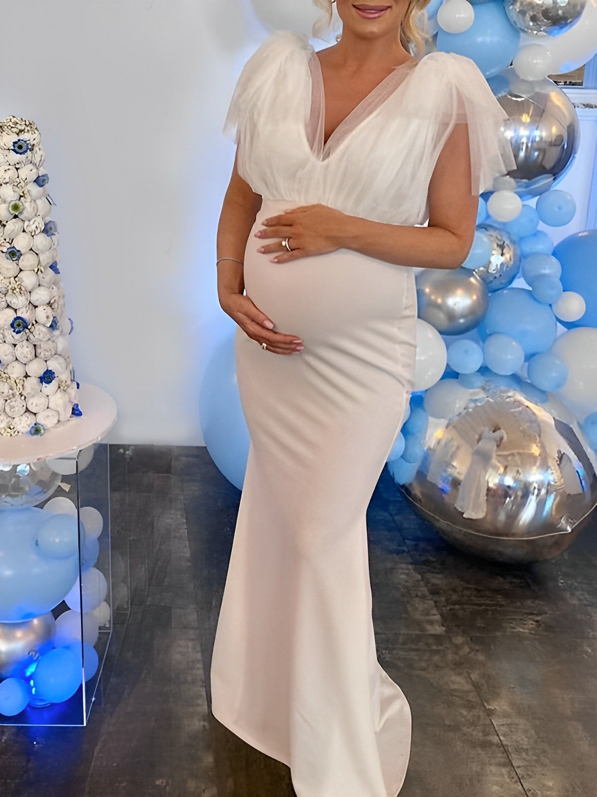 Momyknows White Tulle V-neck Mermaid Photoshoot Evening Gown Baby Shower Maternity Maxi Dress