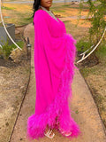 Momyknows Rose Carmine One Shoulder Feather Kimono Sleeve Irregular Photoshoot Evening Gown Baby Shower Maternity Maxi Dress