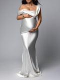 Momyknows White One Off Shoulder Silk Satin Backless Mermaid Photoshoot Evening Gown Baby Shower Maternity Maxi Dress