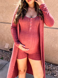 Momyknows Brick Red 2 Sets Buttons Daily Fashion Baby Shower Maternity Romper Sweater Jumpsuit