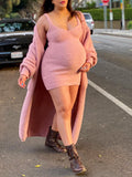 Momyknows Pink 2-in-1 Pockets Lantern Sleeve Gender Reveal Baby Shower Maternity Mini Sweater Dress