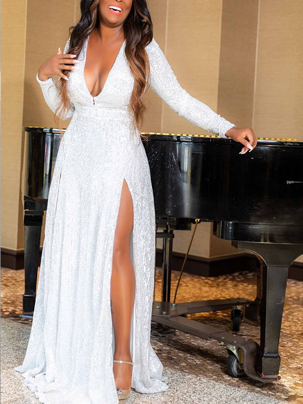 Momyknows Sequin V-Neck Side Slit Long Sleeve Elegant Banquet Evening Gown Cocktail Maxi Dress