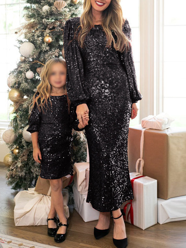 Momyknows Sequin Bodycon Long Sleeve Christmas New Year Banquet Babyshower Elegant Maternity Maxi Dress