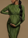 Momyknows Ruched Pleated Bodycon Backless Long Sleeve Babyshower Maternity Maxi Dress