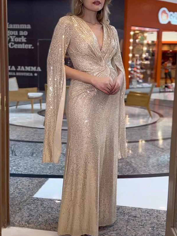 Momyknows Belly Friendly Sparkly Sequin Slit Sleeve Cross Chest V-Neck Babyshower Maternity Maxi Dress