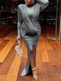 Momyknows Side Slit Round-Neck Cross Chest Fashion Babyshower Maternity Maxi Dress