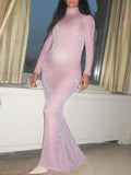 Momyknows Belly Friendly Shimmer High Neck Bodycon Mermaid Evening Babyshower Maternity Maxi Dress