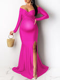 Momyknows Belly Friendly Off Shoudler Side Slit High Split Photography Babyshower Party Gown Maternity Maxi Dress