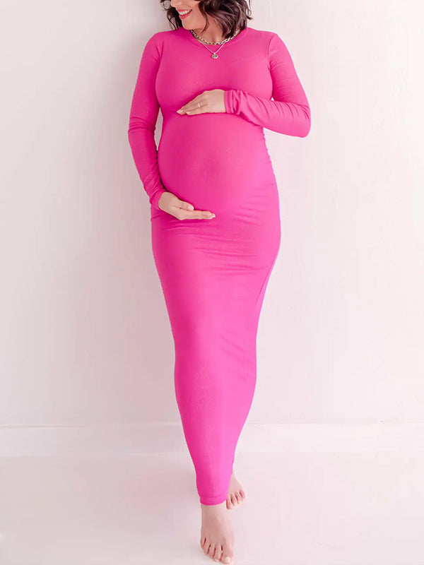 Momyknows Belly Friendly Rose Carmine Babybump Stretch Bodycon High Waisted Long Sleeve Babyshower Party Maternity Maxi Dress
