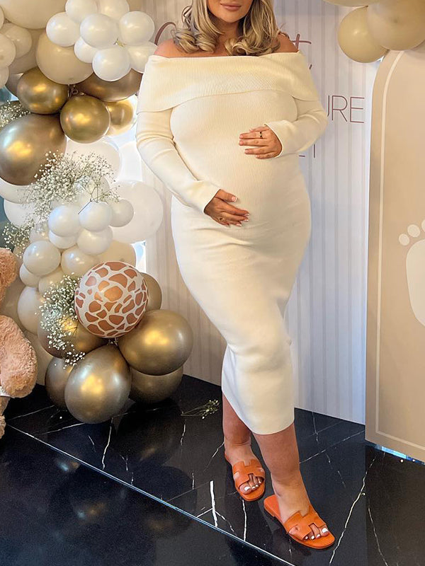 Momyknows Cream Apricot Off Shoulder Knitting Bodycon Cute Baby Shower Sweater Maternity Midi Dress