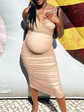 Momyknows Ruched Zipper Back Cami Mesh Bodycon Party Baby Shower Maternity Midi Dress