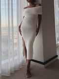 Momyknows White Off Shoulder Side Slit Bodycon Gender Reveal Baby Shower Maternity Midi Sweater Dress