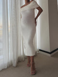 Momyknows White Off Shoulder Side Slit Bodycon Gender Reveal Baby Shower Maternity Midi Sweater Dress