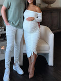 Momyknows White Belly Friendly Drawstring Side Slit Irregular Bandeau Ruched Babyshower Maternity Midi Dress