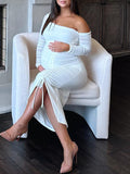 Momyknows White Belly Friendly Drawstring Side Slit Irregular Bandeau Ruched Babyshower Maternity Midi Dress