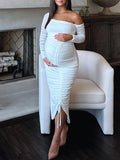 Momyknows White Belly Friendly Drawstring Side Slit Irregular Bandeau Ruched Babyshower Maternity Midi Dress