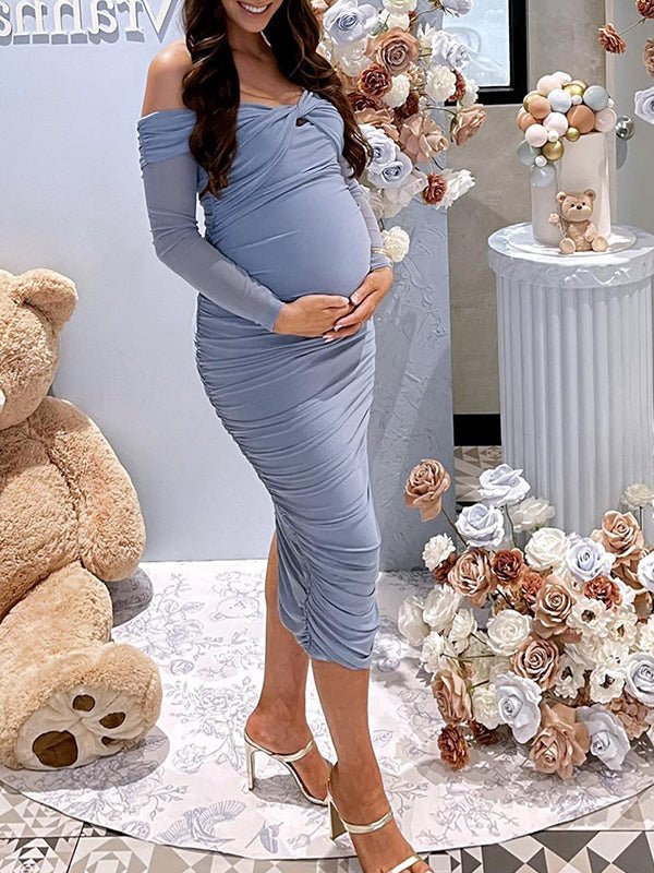 maternity bodycon wedding guest dress Inspire Chic Women's Maternity Dress Mesh Ruched Side Spaghetti Strap Bodycon Pregnancy Dresses for Wedding Guest Blue Floral XXL, Size: 2XL, Black
