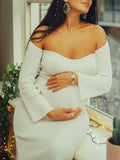 Momyknows White Knitted Off Shoulder Back Slit Belly Friendly Elegant Maternity Baby Shower Sweater Midi Dress