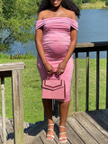 Momyknows Pink Mesh Ruched Off Shoulder Bodycon Elegant Maternity Photoshoot Baby Shower Party Midi Dress