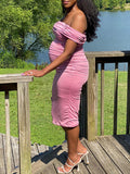 Momyknows Pink Mesh Ruched Off Shoulder Bodycon Elegant Maternity Photoshoot Baby Shower Party Midi Dress