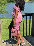 Momyknows Pink Mesh Ruched Off Shoulder Bodycon Elegant Maternity Photoshoot Baby Shower Party Midi Dress
