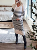 Momyknows Striped Knitted V-neck Long Sleeve Bump Friendly Elegant Going Out Maternity Baby Shower Midi Dress
