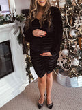 Momyknows Black Velvet Ruched Sweetheart Neckline Bodycon Christmas Holiday Elegant Maternity Baby Shower Cocktail Party Midi Dress