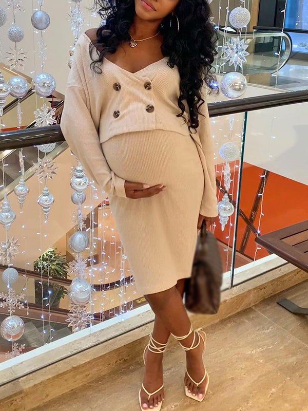 Momyknows Khaki Knitted Double Breasted Bodycon Two Piece Set Going Out Elegant Christmas Holiday Maternity Baby Shower Mini Dress