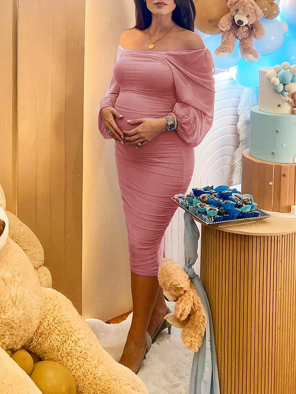 Momyknows Mesh Ruched Off Shoulder Lantern Sleeve Square Neck Bodycon Elegant Party Maternity Photoshoot Baby Shower Midi Dress
