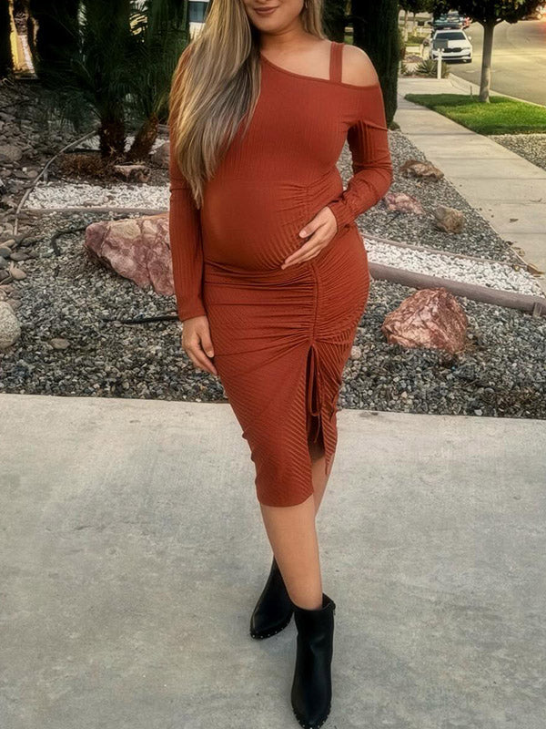 Momyknows Brown Knitted Cut Out One Shoulder Drawstring Side Slit Bodycon Elegant Going Out Maternity Photoshoot Baby Shower Sweater Midi Dress