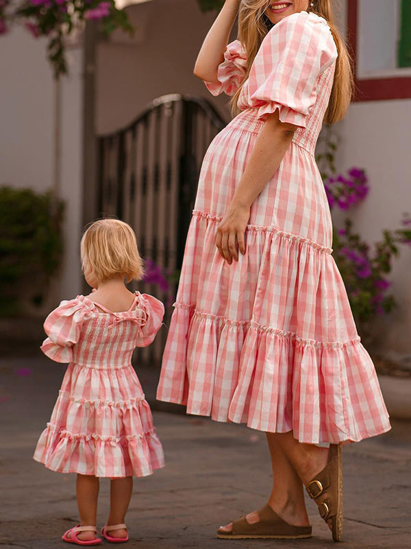 Momyknows Pink Plaid Smocked Ruffle Off Shoulder Big Swing Puff Sleeve Sweet Mom&Me Gender Reveal Maternity Photoshoot Baby Shower Midi Dress
