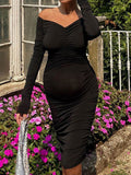 Momyknows Elegant Layers Of Ruffle Drawstring Bodycon Off Shoulder Cocktail Maternity Babyshower Midi Dress