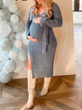 Momyknows Blue Belted Side Slit Sweetheart Neckline Gender Reveal Baby Shower Maternity Midi Sweater Dress