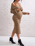 Momyknows Spaghetti Strap Ruched Split Two Piece Knitted Drop Shoulder Long Sleeve Babyshower Maternity Midi Dress