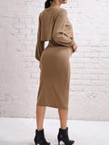 Momyknows Spaghetti Strap Ruched Split Two Piece Knitted Drop Shoulder Long Sleeve Babyshower Maternity Midi Dress