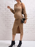 Momyknows Spaghetti Strap Ruched Split Two Piece Knitted Drop Shoulder Long Sleeve Babyshower Maternity Midi Dress
